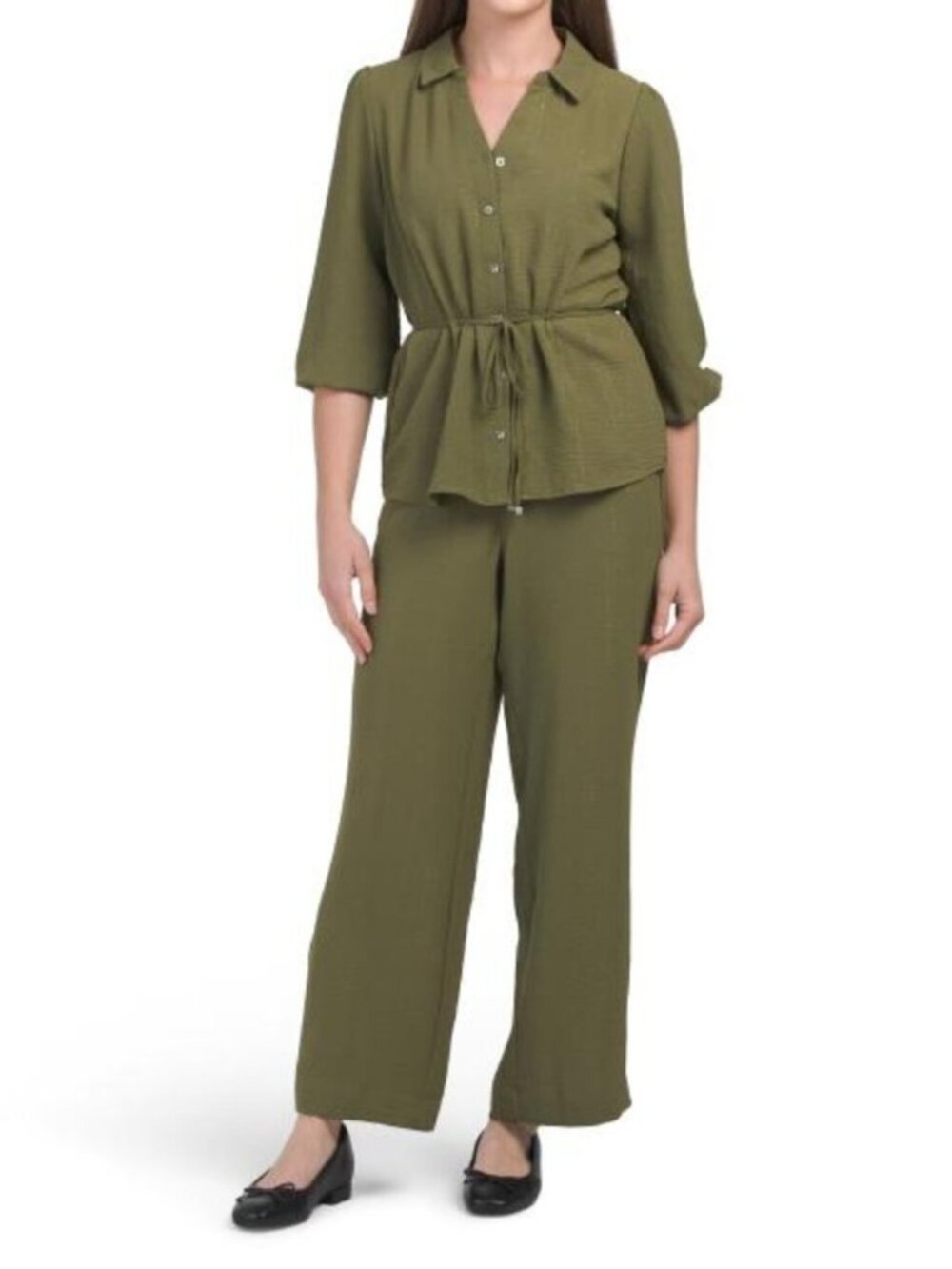ADRIENNE VITTADINI 2pc Button Up Top With Waist Tie And Wide Leg Pants Set
